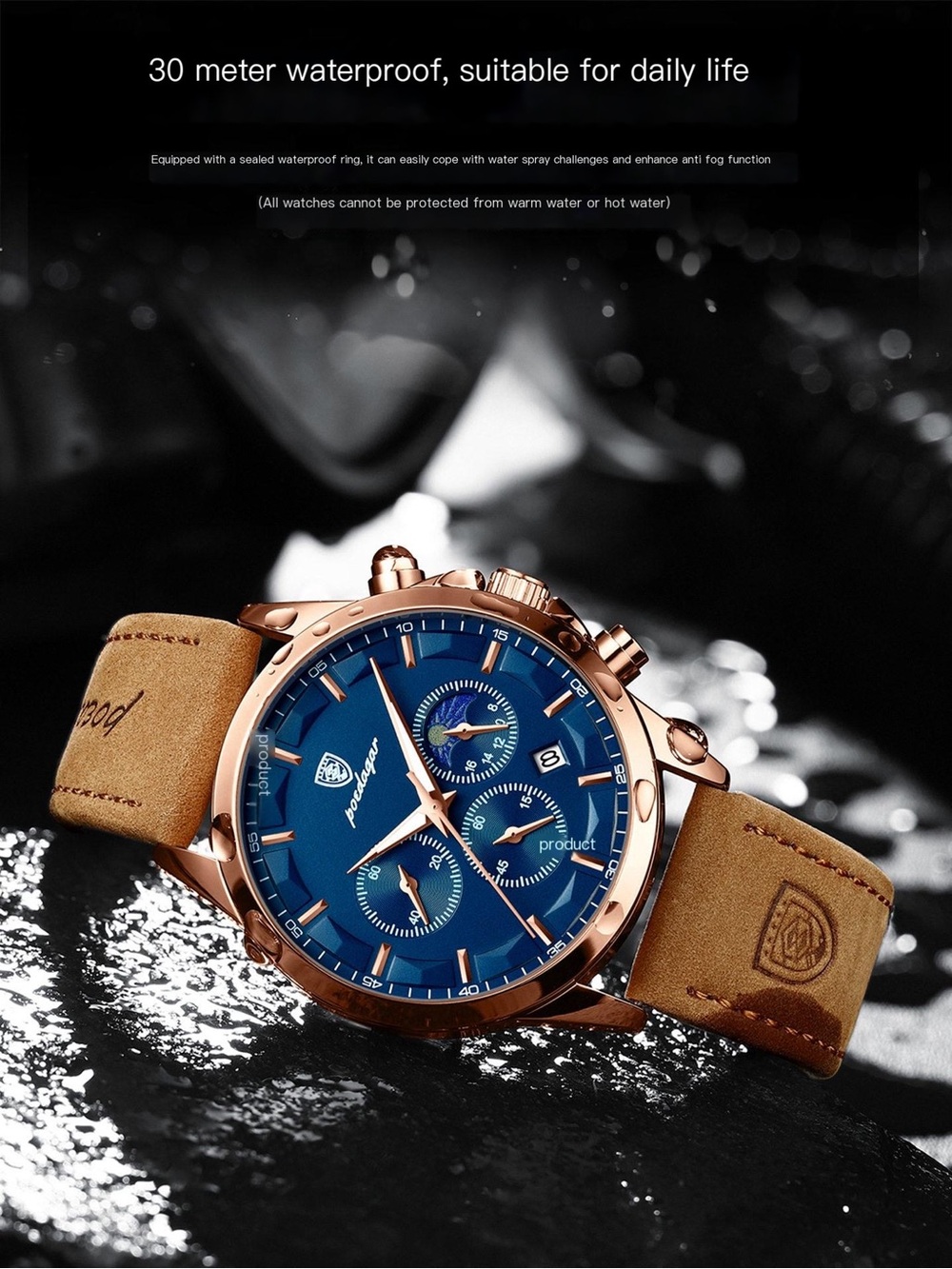 Men's Chronograph Watch with Blue Dial and Tan Leather Strap - Unbranded